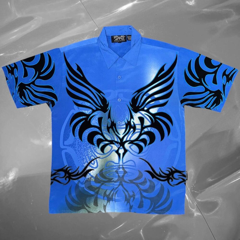 Y2K Cyber Blue Tribal Wing Button-Up Shirt